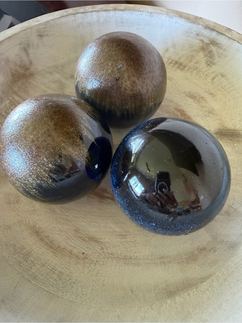 Decorative Ceramic Art Sphere in Bronze and Deep Blue
